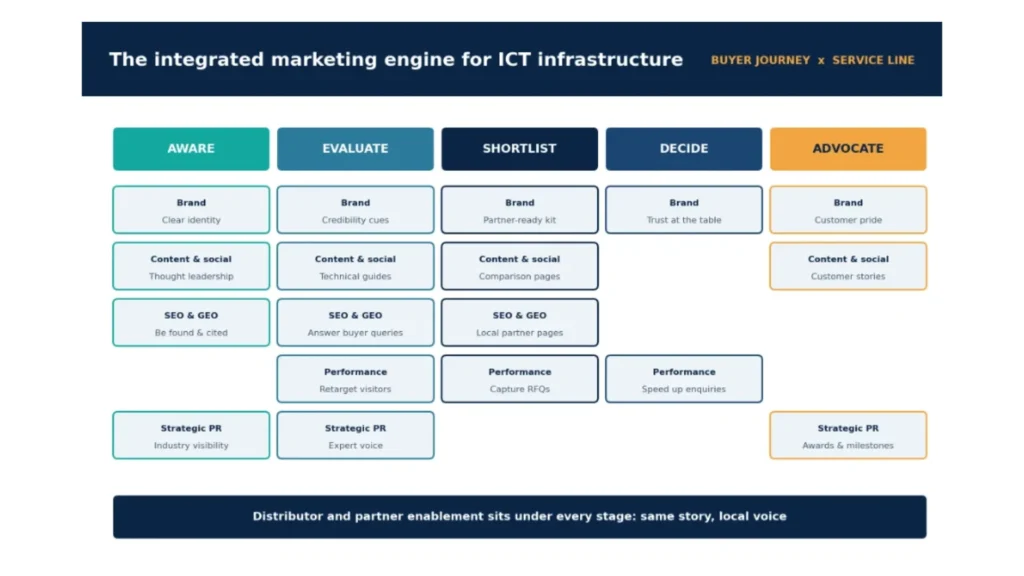 Figure 4: Service lines mapped to the buyer journey, with partner enablement underneath.